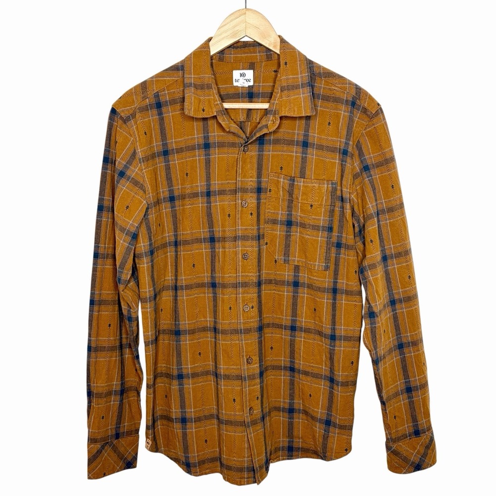 Tentree Button Up Shirt Tan Plaid Mens Size M Organic Cotton Hemp Sustainable